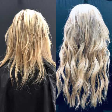 Before and after hair transformation: short to long, wavy blonde extensions.